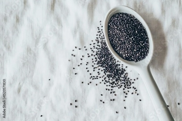 Obraz Black Seeds in Spoon on White Linen Cloth Background