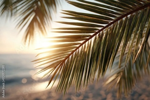 Obraz Beautiful Sunset Over Ocean Through Palm Leaves and Serenity