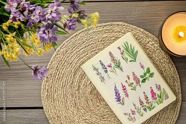 Obraz Beautiful Floral Sketches in Notebook on Rustic Table Setting