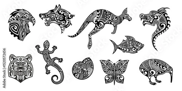 Obraz Maori tribal animal tattoo set of Polynesian or Hawaiian pattern ornament, vector art design. Abstract Maori tribal tattoo of totem wolf or eagle and kangaroo with lizard and dragon with butterfly