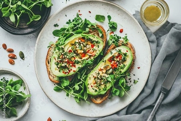 Obraz Avocado Toast with Fresh Greens and Toppings on a Plate