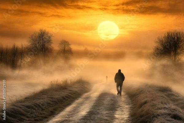 Obraz Atmospheric Foggy Landscape with People Walking at Sunset