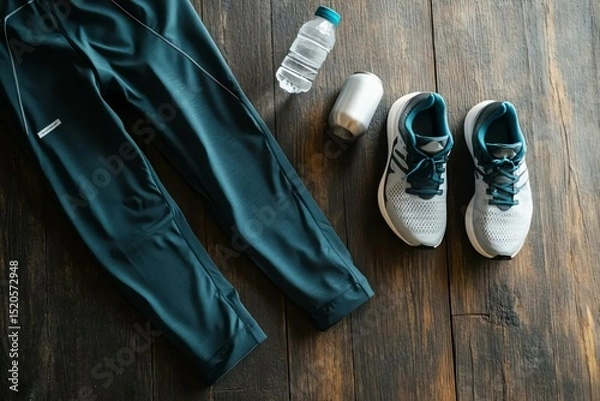 Obraz Athletic Gear for Fitness Routine with Water Bottle and Sneakers