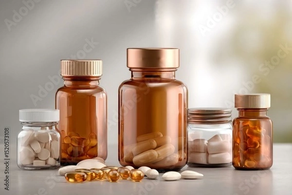 Obraz Assorted Prescription and Supplement Bottles with Capsules and Tablets