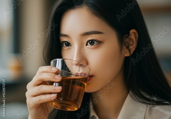 Fototapeta close up of a beautiful woman's face drinking a glass of warm tea