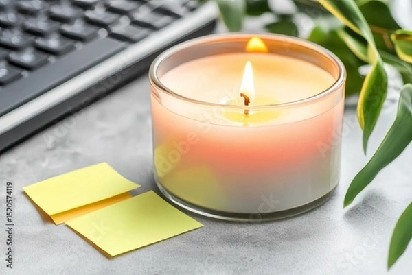 Obraz Aromatic Candle on Desk with Keyboard and Sticky Notes in Office
