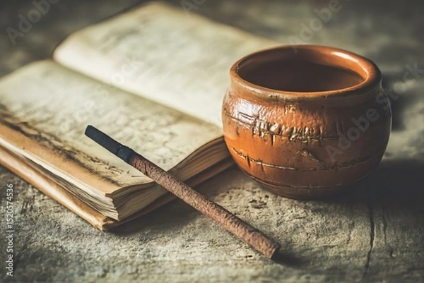 Obraz Ancient Writing Tools with Clay Pot and Open Book on Wooden Table