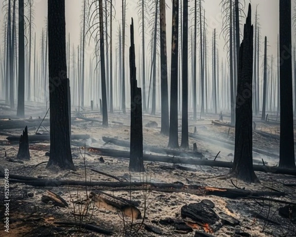 Obraz Aftermath of Forest Fire Showing Charred Trees and Smoky Atmosphere