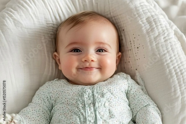 Obraz Adorable Baby with Bright Smile and Soft Blanket Background