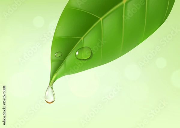 Fototapeta Green leaf with essential oil drop or water splash of mint tea or herbal tree, realistic vector. Green leaf with oil drop or dew drip falling, nature herb plant of eucalyptus essential oil background