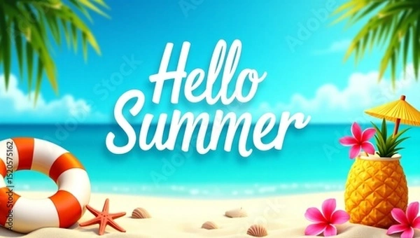 Fototapeta A summer beach scene with hello summer text, palm trees, and summer themed decorations on the sand