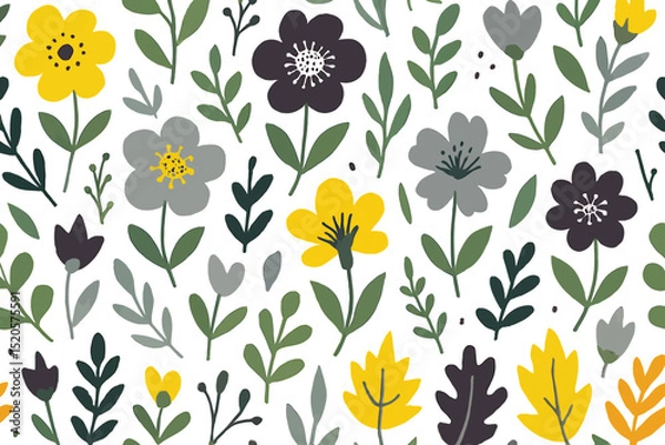 Fototapeta Seamless Scandinavian Folk-Art Floral Pattern with Yellow, Grey, and Dark Purple Flowers and Green Foliage on White Background for Spring-Themed Designs