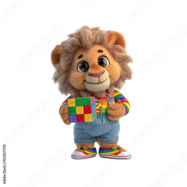 Fototapeta Adorable 3D Render of a Lion Cub Holding a Rainbow-Colored Puzzle Cube