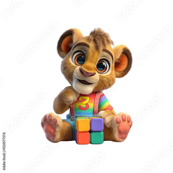 Fototapeta Adorable Animated Lion Cub Playing with Colorful Blocks
