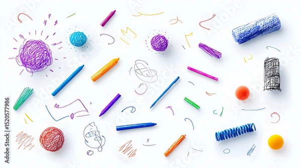 Fototapeta Colorful Geometric Crayons And Balls On White Background