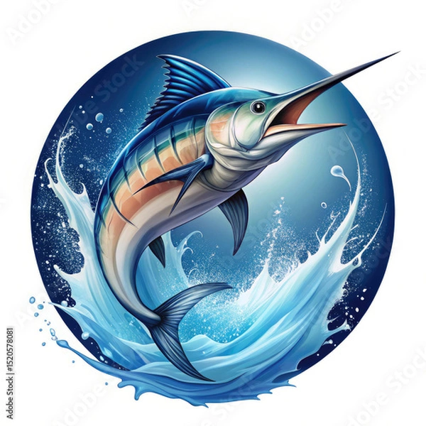 Fototapeta Jumping marlin fish logo in blue water hi quality image.