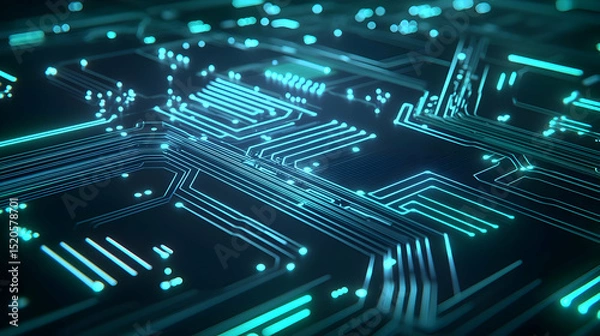 Fototapeta Abstract Circuit Board Pattern In Turquoise Blue Light