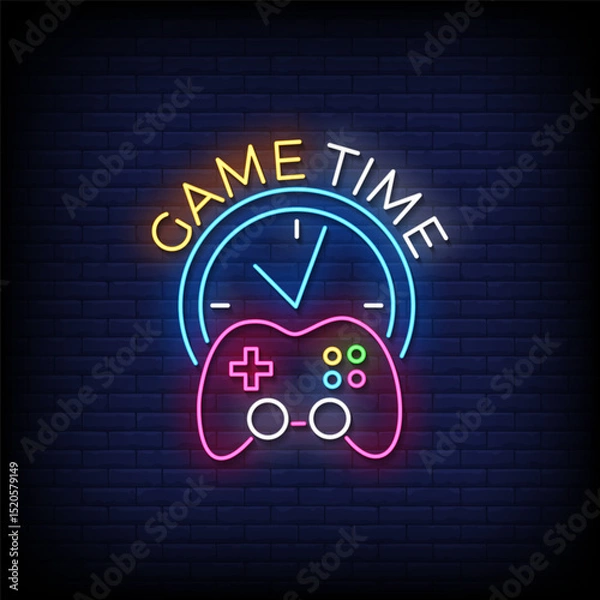 Obraz game time neon sign with brick wall background vector