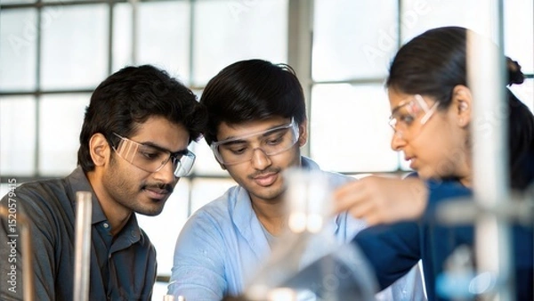 Fototapeta Indian students working as a team in science lab
