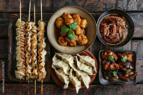 Fototapeta High-Angle Close-Up of Asian Street Food Platter with Skewers, Dumplings, and Sauces