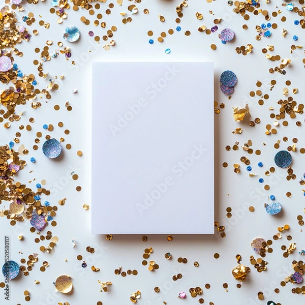 Fototapeta Blank White Paper Surrounded by Colorful Confetti.ai generated