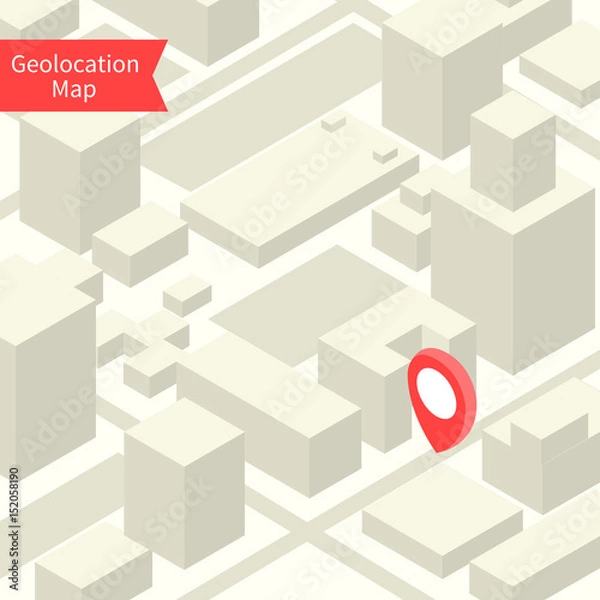 Obraz Geolocation map with buildings and roads. Minimalistic navigation map. Location with pin pointer. Isometric vector illustration of part some city or town.