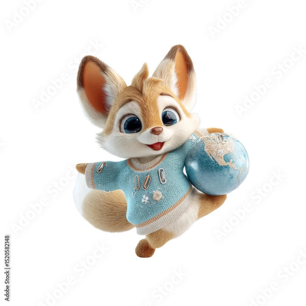 Fototapeta Adorable 3D Rendered Fox Cub Holding a Globe in a Cozy Sweater