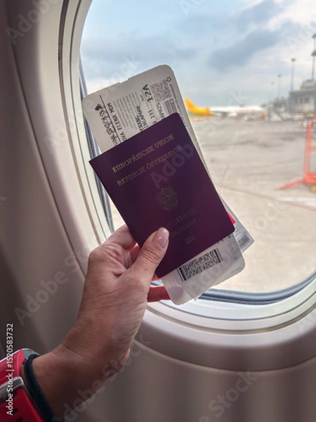 Fototapeta Holding a passport and boarding pass by the window on a flight