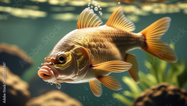 Fototapeta Close up view of a golden fish with bubbles swimming in an aquarium with plants and rocks around