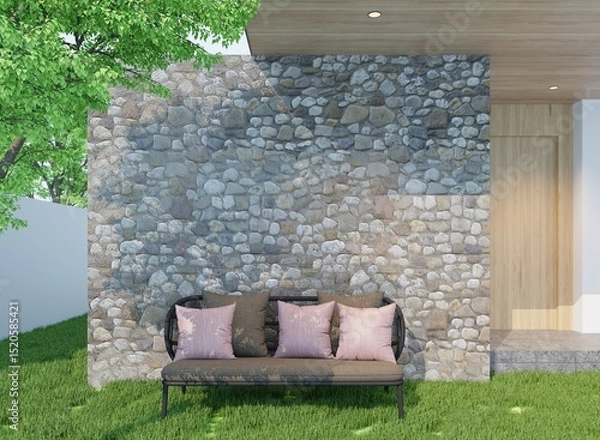 Fototapeta A small garden corner with a blank stone wall and a sofa for sitting and enjoying the garden. The atmosphere is shady.3d render