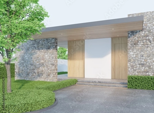Fototapeta Entrance to the guest room, a small resort in a garden, minimalist style, wooden entrance door and blank wall with big trees and a small lawn.3d render