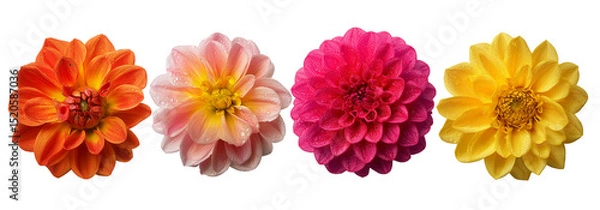 Obraz A collection of real colourful dwarf dahlia flower heads isolated on white and transparent background, cut out png 