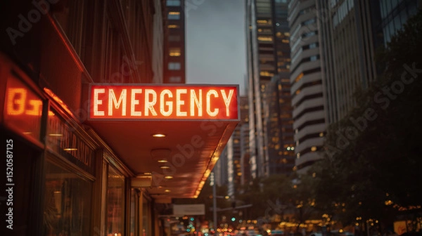 Obraz A glowing EMERGENCY sign illuminates a city street as dusk approaches, highlighting an urgent atmosphere