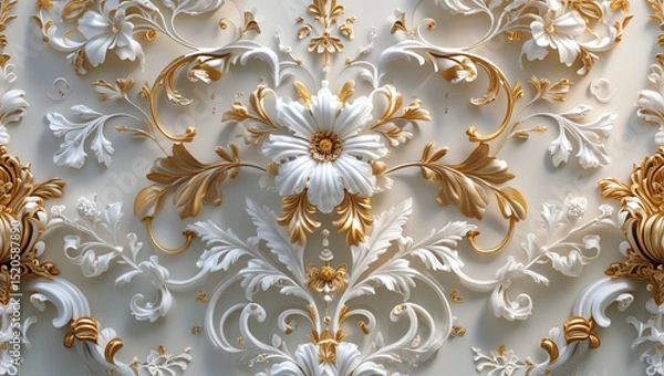 Fototapeta Ornate floral pattern with white and gold accents cascading across a textured background
