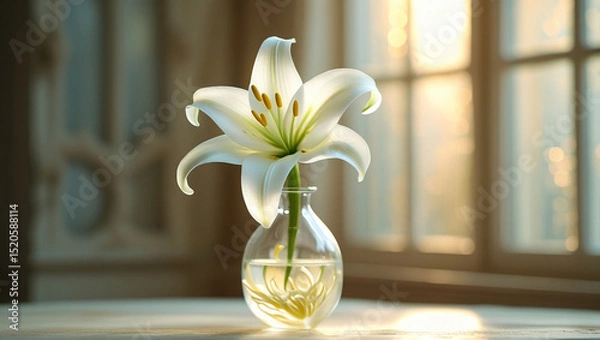 Obraz A white lily in a clear vase on a table with a blurred window in the background providing light