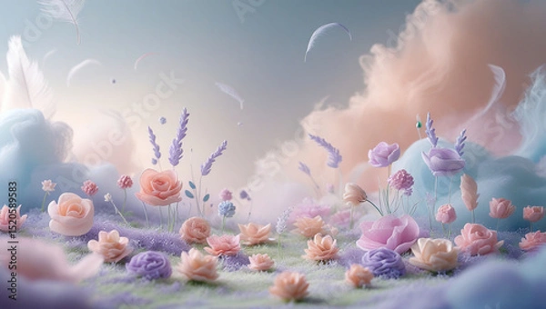 Fototapeta Pastel flower field with clouds and feathers floating in a dreamy sky landscape scene aesthetic art