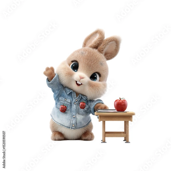 Fototapeta Adorable Bunny Rabbit Ready for School with Apple and Desk