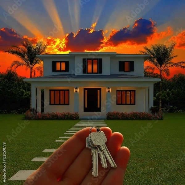 Obraz House keys held at sunset