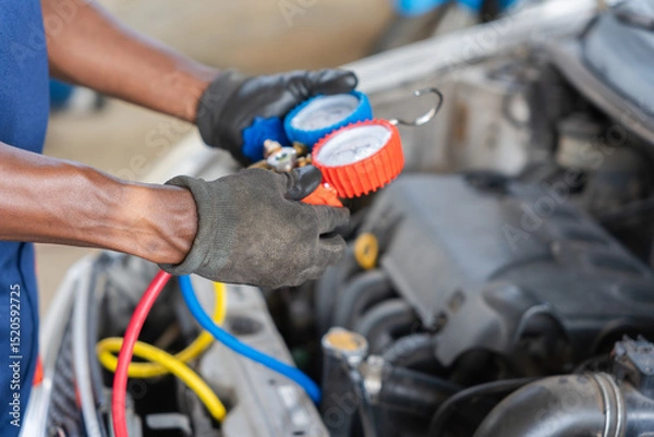 Fototapeta Close up of Mechanic Hand with AC Refrigerant Manifold Gauge Set Repair Car Air Conditioning in Workshop, Technician Check Car Air Conditioning System Refrigerant Recharge