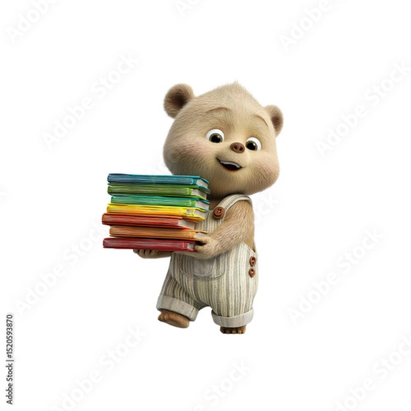 Fototapeta Adorable Cartoon Bear Cub Carrying a Stack of Colorful Books