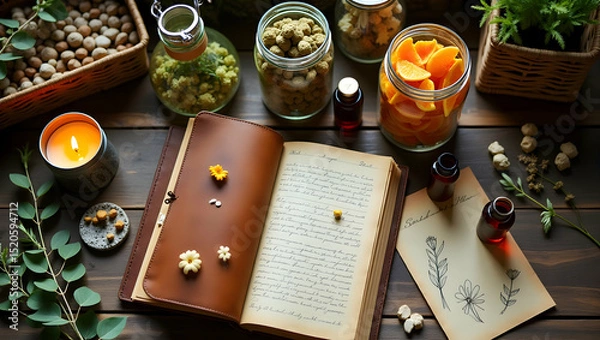 Fototapeta Overhead Shot of Herbal Workspace with Journal Candle and Various Ingredients for Herbal Remedies Preparation