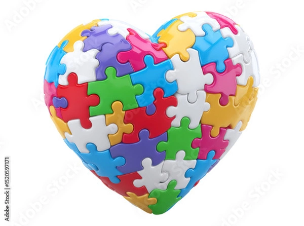 Fototapeta Colorful puzzle pieces forming a heart shape, On Transparent Background, Png