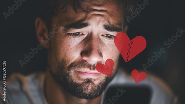 Fototapeta Sad man looking at phone with broken hearts, expressing emotional heartbreak.