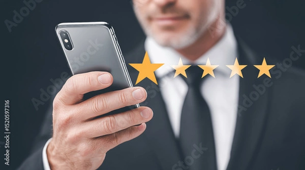 Fototapeta Man giving five-star customer service feedback on smartphone with smiley icons.
