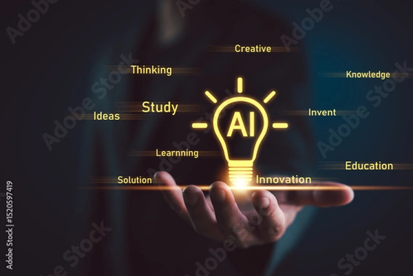 Fototapeta AI in education learning innovation. Glowing AI light bulb floating above a hand with keywords like study, thinking, knowledge, educational technology, online learning, digital teaching tools.