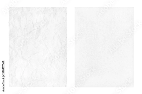 Fototapeta Two sheet white paper, one sheet is wrinkled, the other sheet is smooth  isolated on white..