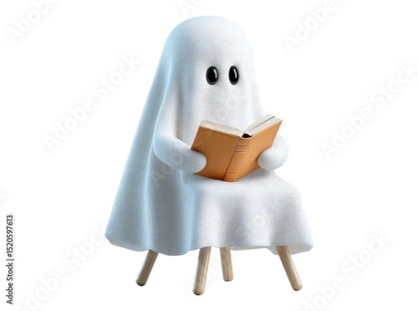 Fototapeta Cute ghost sitting in chair reading book halloween, On Transparent Background, Png