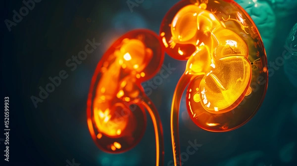 Fototapeta Abstract close-up of a healthy human kidney illuminated by vibrant golden light symbolizing vitality and renewal on deep medical rendered in selective focus shallow depth of field style for scientific