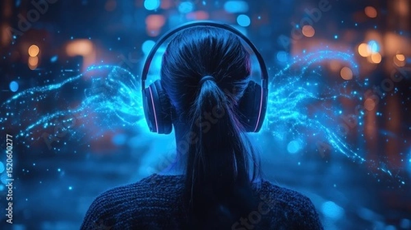 Obraz A person wearing futuristic headphones, glowing waves of calmness replacing stress