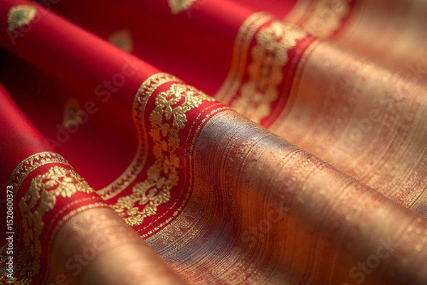 Fototapeta Exquisite Detail, A Close-Up of Intricately Embroidered Silk Saree Border with Rich Colors and Texture Display